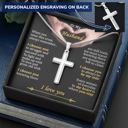 For Husband - My Heart Is Where You Stay - Cross Customize Engraved Cross Necklace