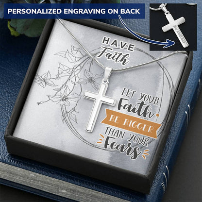 Dad To Son Gifts Cross Necklace Chain Bible Verse - Let Your Faith Be Bigger Than Your Fears Customize Engraved Cross Necklace
