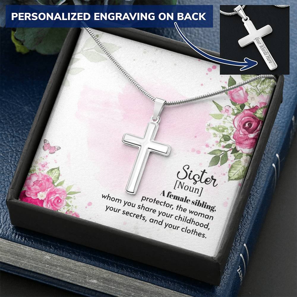 A Female Sibling - Customize Cross Necklace. Customize Engraved Cross Necklace
