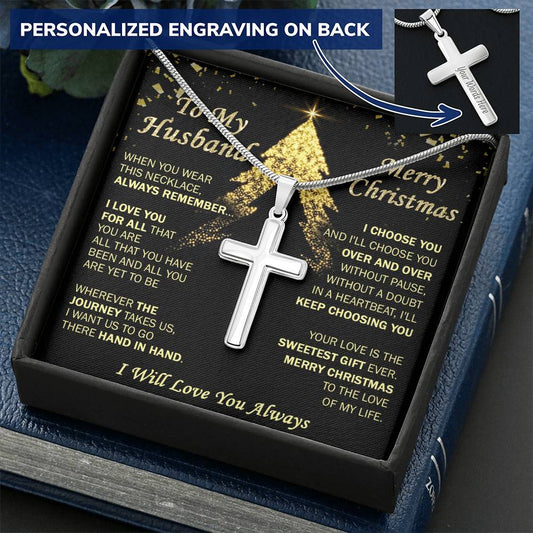 Gift For Husband - Heartbeat - Cross Customize Engraved Cross Necklace