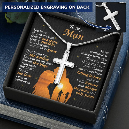 For Your Man - Love Is Constant - Cross Customize Engraved Cross Necklace