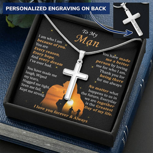 For Your Man - Hug Me Tight - Cross Customize Engraved Cross Necklace