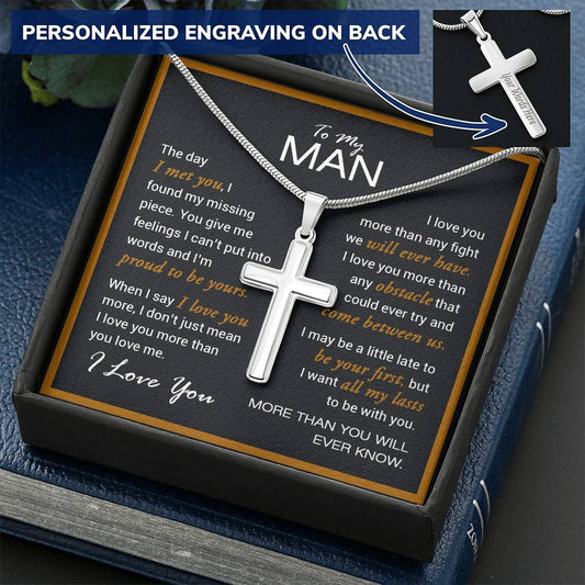 For Your Man - I Love You More 1 - Cross Customize Engraved Cross Necklace