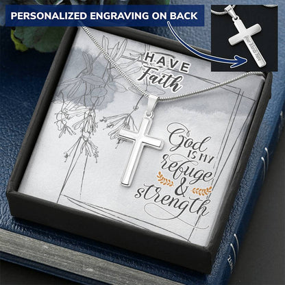 Dad To Son Gifts Cross Necklace Chain Bible Verse - God Is My Refuge & Strength Customize Engraved Cross Necklace