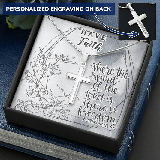 Dad To Son Gifts - Where The Spirit Of The Lord Is There Is Freedom Customize Engraved Cross Necklace