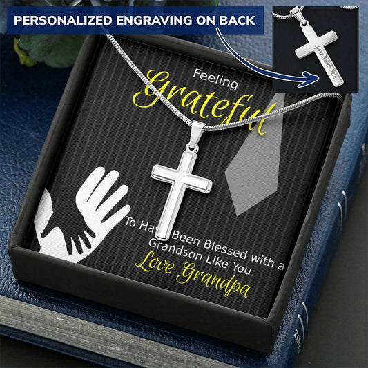 Feeling Grateful The Best Grandson Customize Engraved Cross Necklace