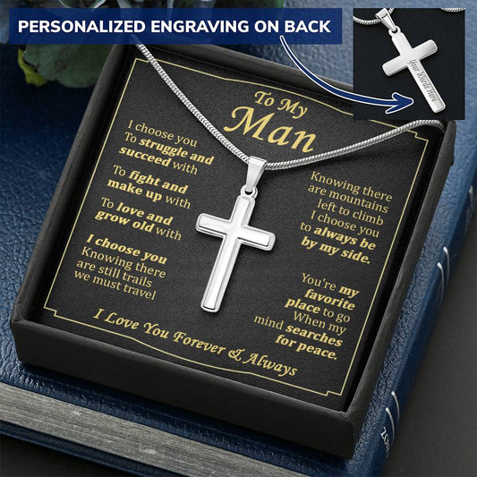For Your Man - Favorite Place - Cross Customize Engraved Cross Necklace