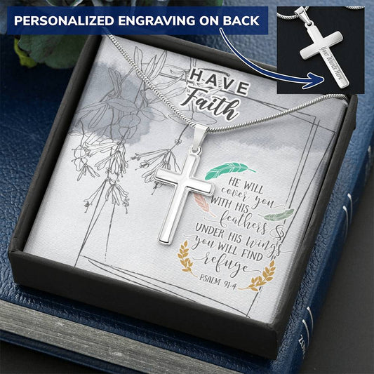 Dad To Son Gifts - He Will Cover You With His Feathers & Under His Wings You Will Find Refuge Customize Engraved Cross Necklace