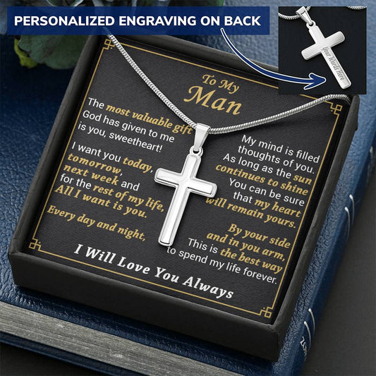 For Your Man - The Most Valuable Gift - Cross Customize Engraved Cross Necklace