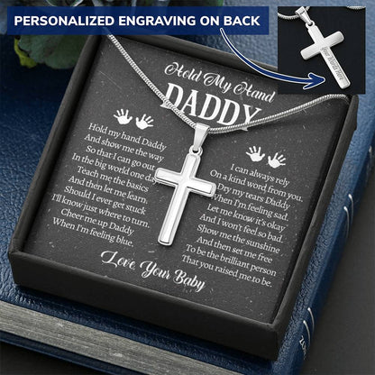 Fathers Day Gift From Baby Customize Father Gift From Baby Hold My Hand Daddy Gift Customize Engraved Cross Necklace