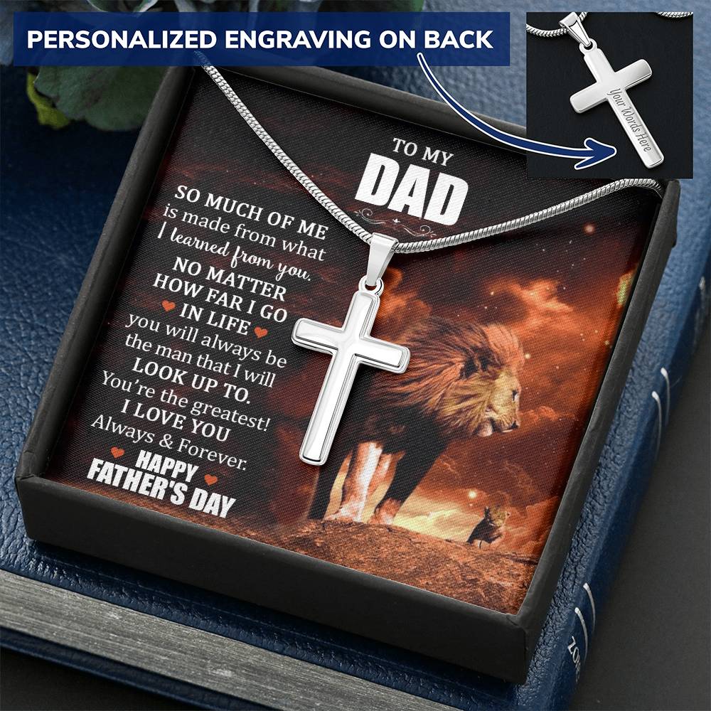 Cross Necklace Gift - Lion Dad Customize Engraved Cross Necklace