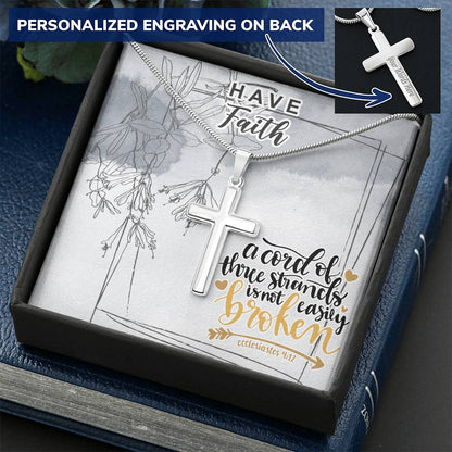 Dad To Son Gifts - A Cord Of Three Strands Is Not Easily Broken Customize Engraved Cross Necklace