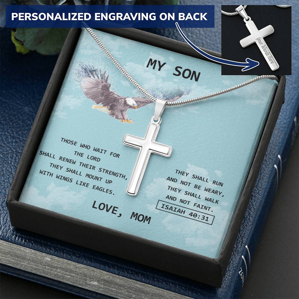 Eagle Cross For Son - Love Mom Customize Engraved Cross Necklace