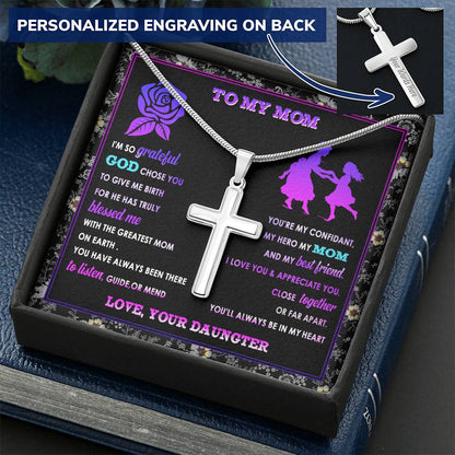 For Mom - So Grateful God Chose You - Cross Customize Engraved Cross Necklace