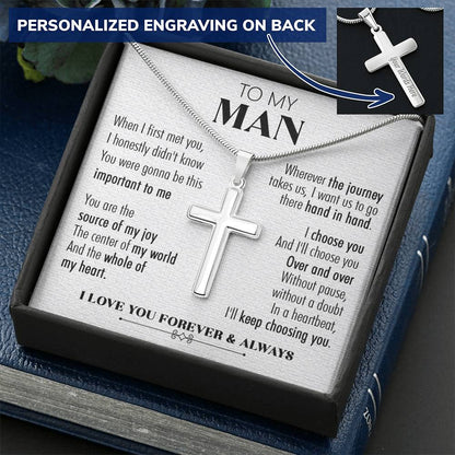 For Your Man - Choose You Over And Over 2 - Cross Customize Engraved Cross Necklace