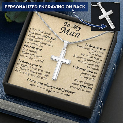 For Your Man - Be Beside You - Cross Customize Engraved Cross Necklace