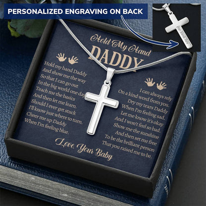 Fathers Day Gift From Baby Customize Father Gift From Baby Hold My Hand Daddy Gift Daddy Customize Engraved Cross Necklace