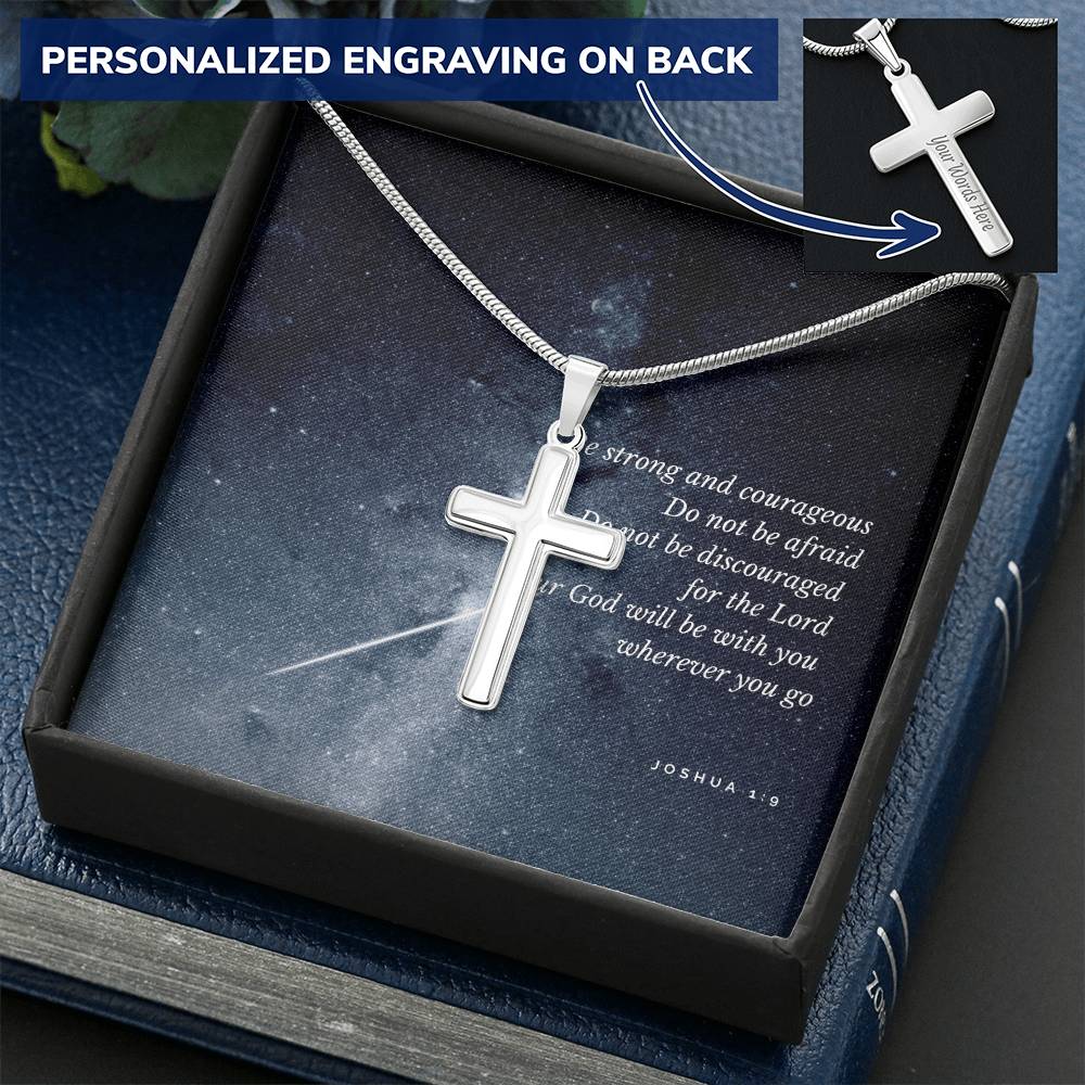 Be Strong And Courageous Blue Card Customize Engraved Cross Necklace