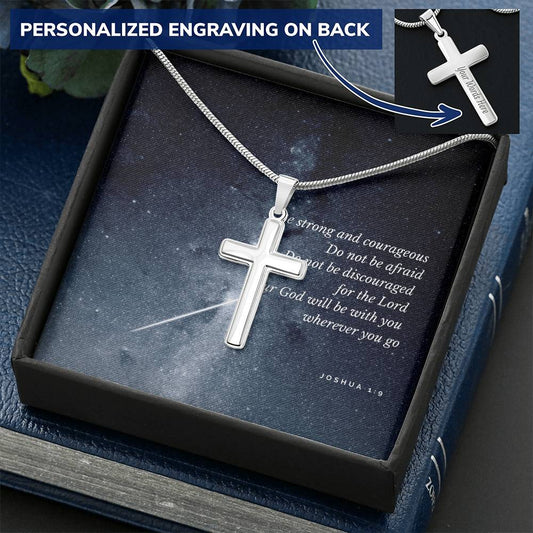 Be Strong And Courageous Blue Card Customize Engraved Cross Necklace
