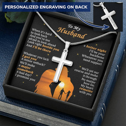 For Husband - My Heart Remains - Cross Customize Engraved Cross Necklace