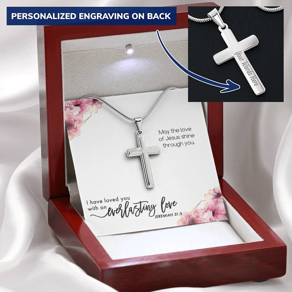 Baptism Cross Gift For Her - Jeremiah 31 I Have Loved You With An Everlasting Love Customize Engraved Cross Necklace