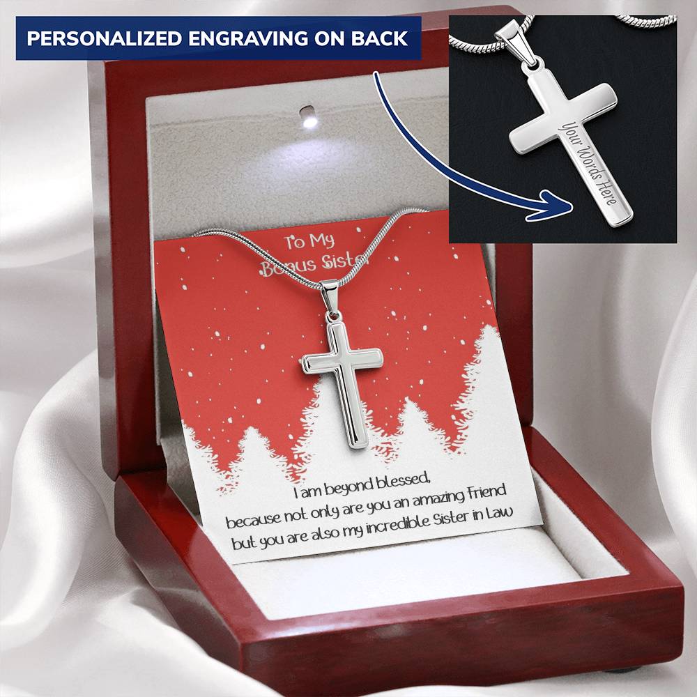Bonus Sister Cross Necklace Christmas Gift Customize Engraved Cross Necklace