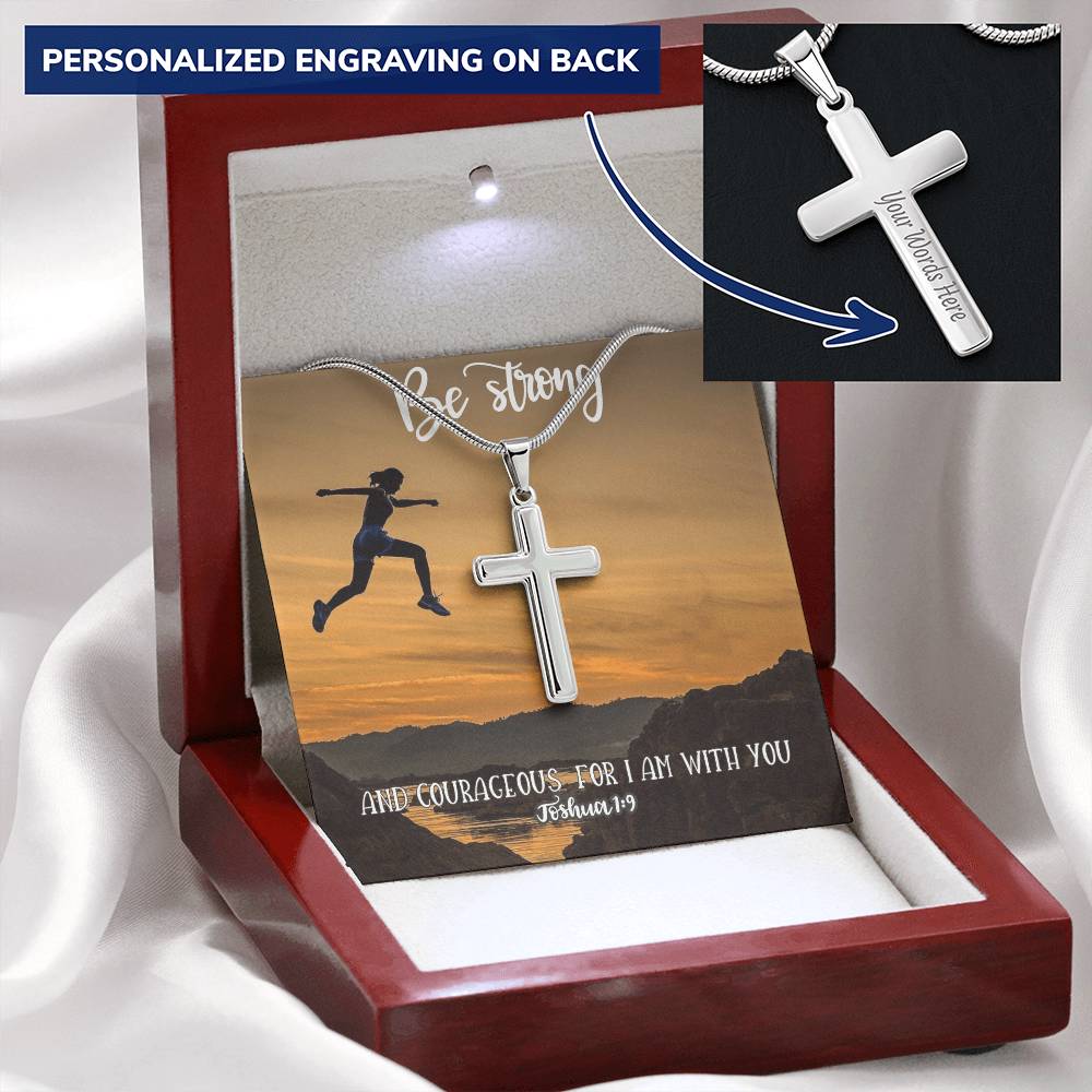 Cross Necklace Be Strong & Courageous Joshua 19 Bible Verse Customize Engraved Cross Necklace