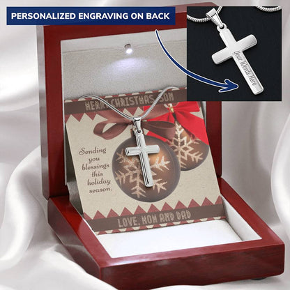 Christmas Blessings To Son Customize Engraved Cross Necklace From Mom And Dad Customize Engraved Cross Necklace