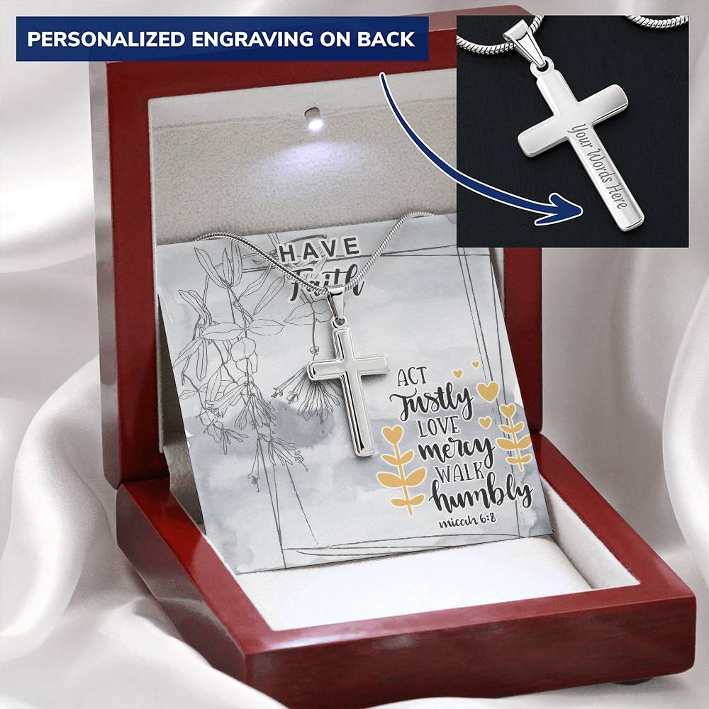 Dad To Son Gifts - Act Justly Love Mercy Walk Humbly Customize Engraved Cross Necklace