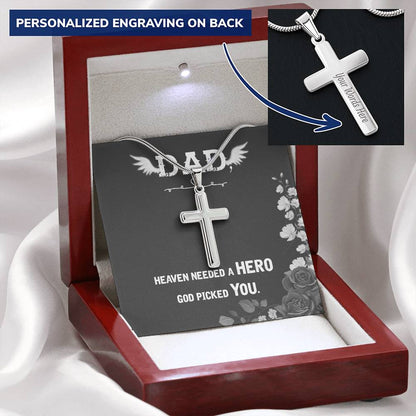 Dad Heaven Needed A Hero God Picked You Customize Engraved Cross Necklace