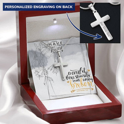 Dad To Son Gifts - A Cord Of Three Strands Is Not Easily Broken Customize Engraved Cross Necklace