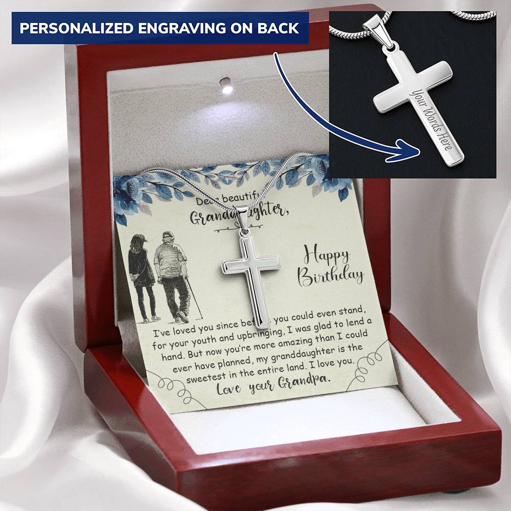 Dear Beautiful Granddaughter Happy Birthday Love Your Grandpa Customize Engraved Cross Necklace
