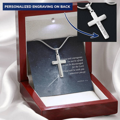 Be Strong And Courageous Blue Card Customize Engraved Cross Necklace