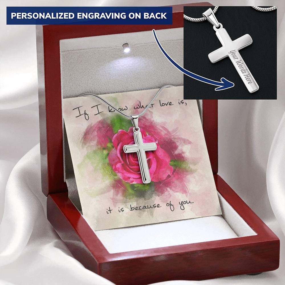 Cross Necklace - Engravable - Red Rose Message Card Customize Engraved Cross Necklace