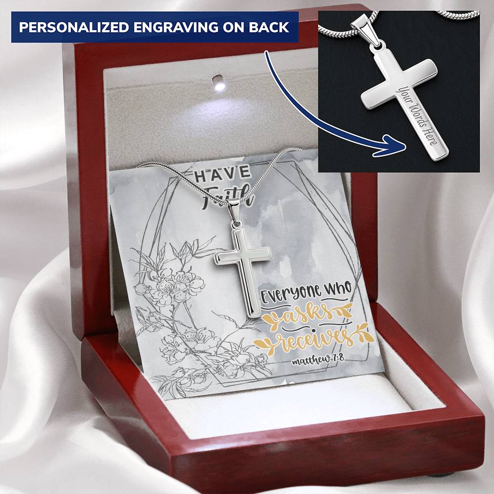 Dad To Son Gifts Cross Necklace Chain Bible Verse - Everyone Who Asks Receives Customize Engraved Cross Necklace