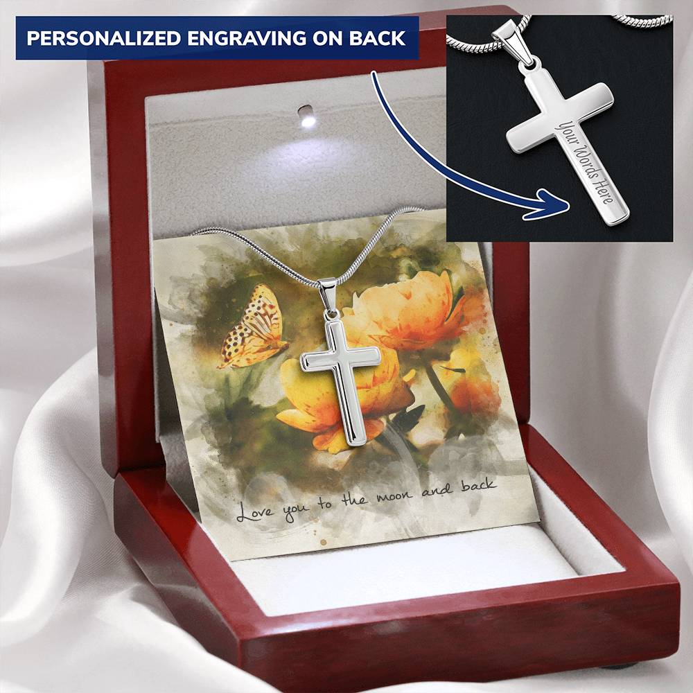 Cross Necklace - Engravable - Butterfly Message Card Customize Engraved Cross Necklace