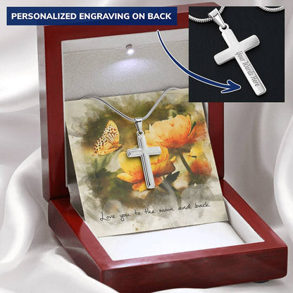 Cross Necklace - Engravable - Butterfly Message Card Customize Engraved Cross Necklace