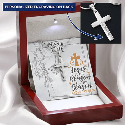 Dad To Son Gifts Cross Necklace Chain Bible Verse - Jesus Is The Reason For The Season Customize Engraved Cross Necklace
