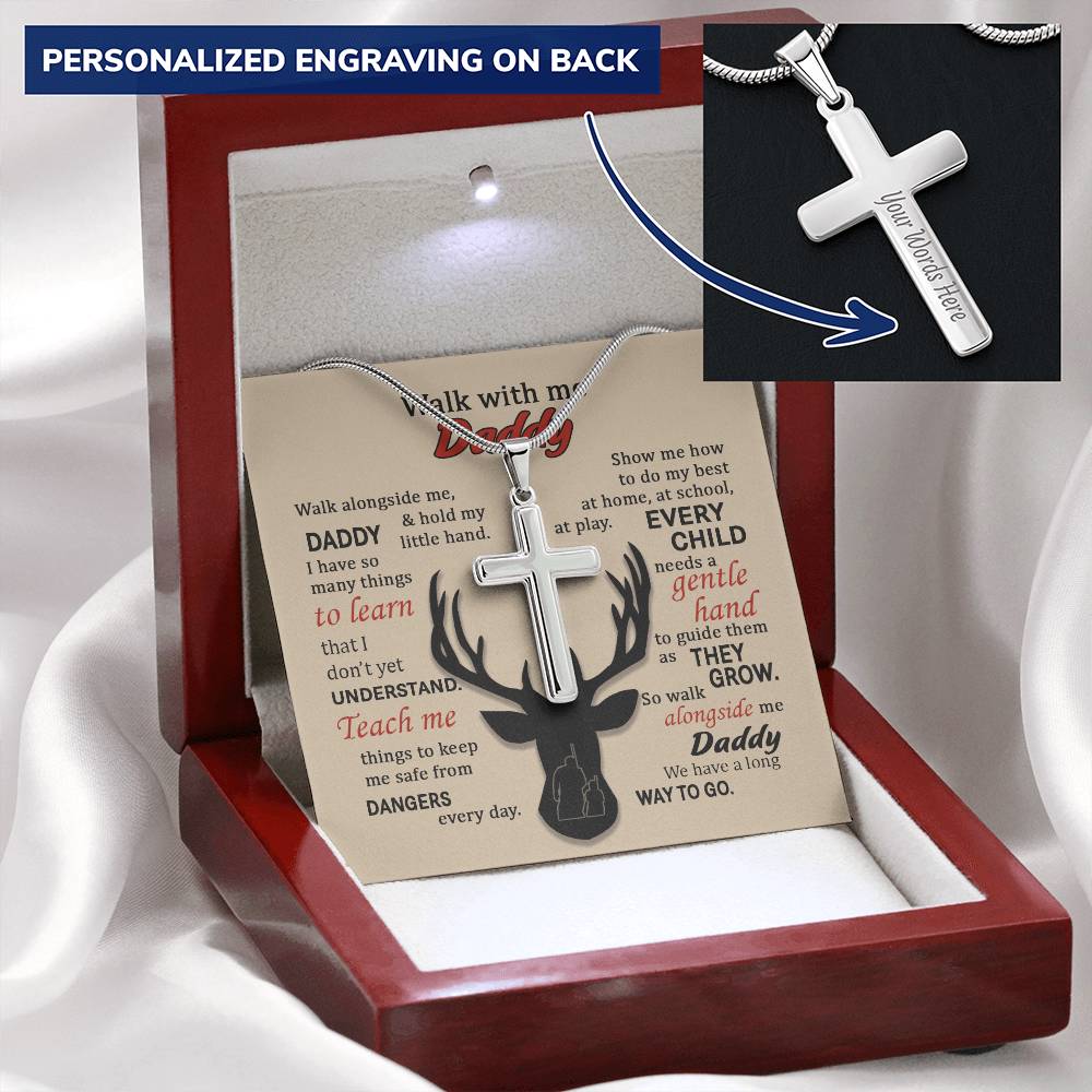 For Dad - Walk With Me - Cross Customize Engraved Cross Necklace