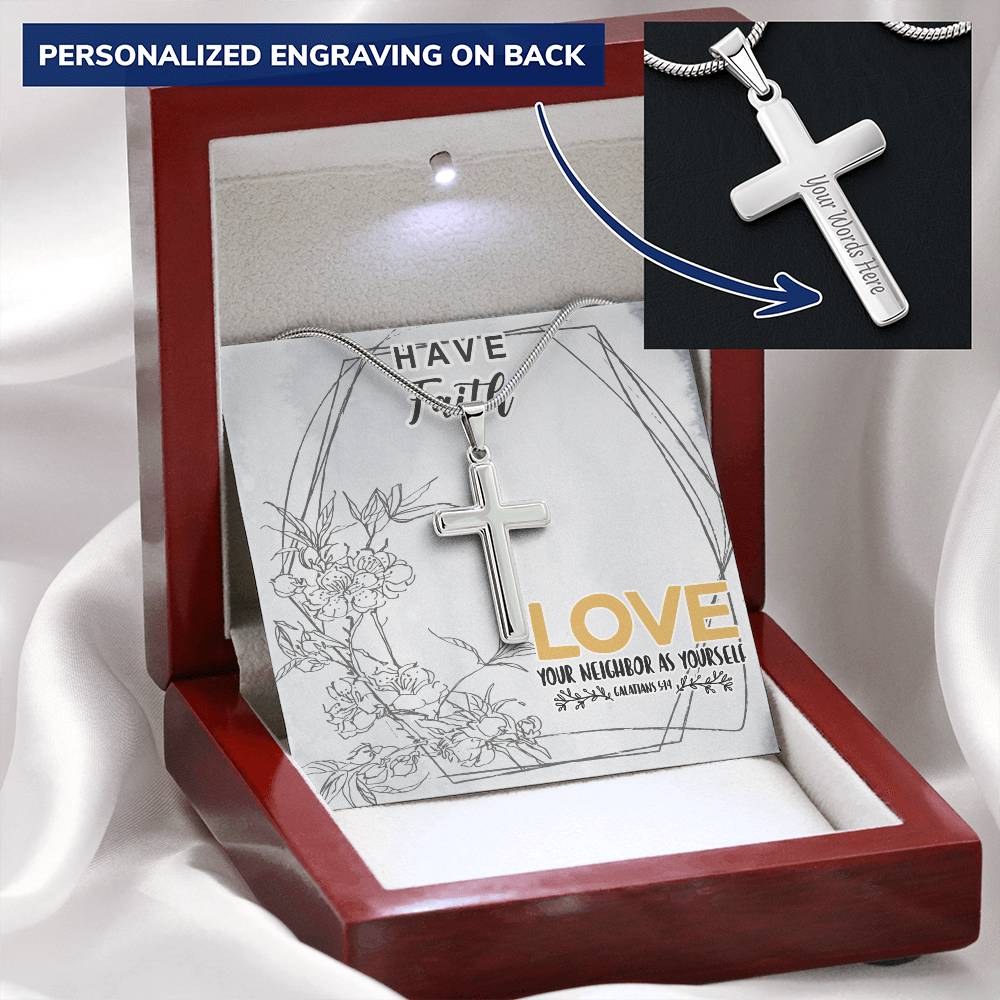 Dad To Son Gifts - Love Your Neighbor As Yourself Customize Engraved Cross Necklace