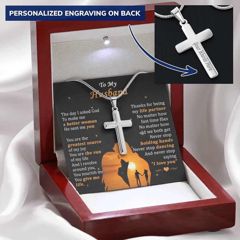 For Husband - Time Flies - Cross Customize Engraved Cross Necklace