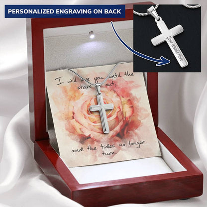 Cross Necklace - Engravable - Pink Rose Message Card Customize Engraved Cross Necklace