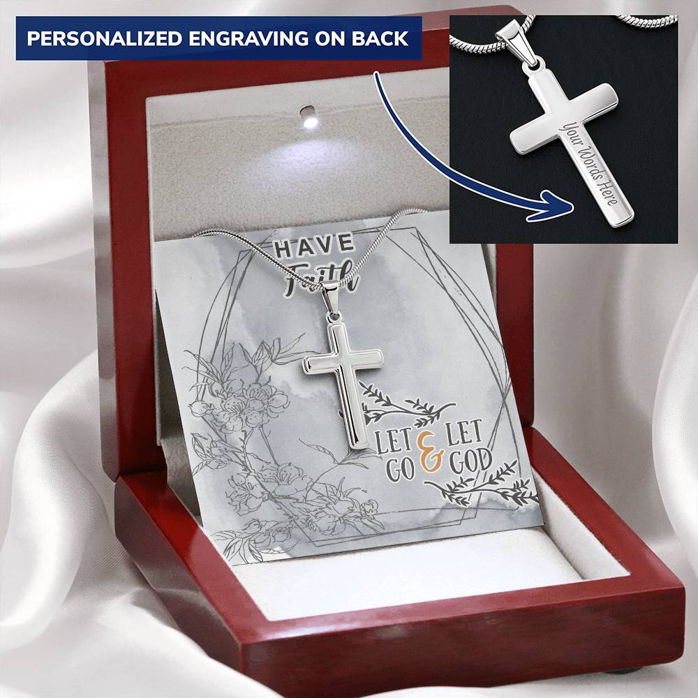 Dad To Son Gifts Cross Necklace Chain Bible Verse - Let Go & Let God Customize Engraved Cross Necklace