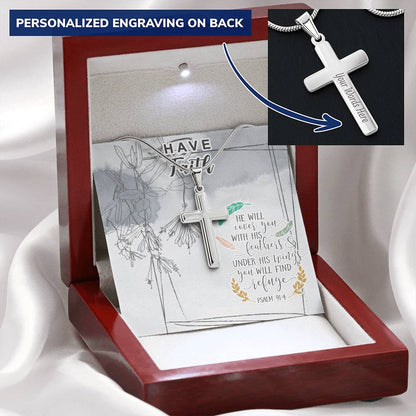 Dad To Son Gifts - He Will Cover You With His Feathers & Under His Wings You Will Find Refuge Customize Engraved Cross Necklace