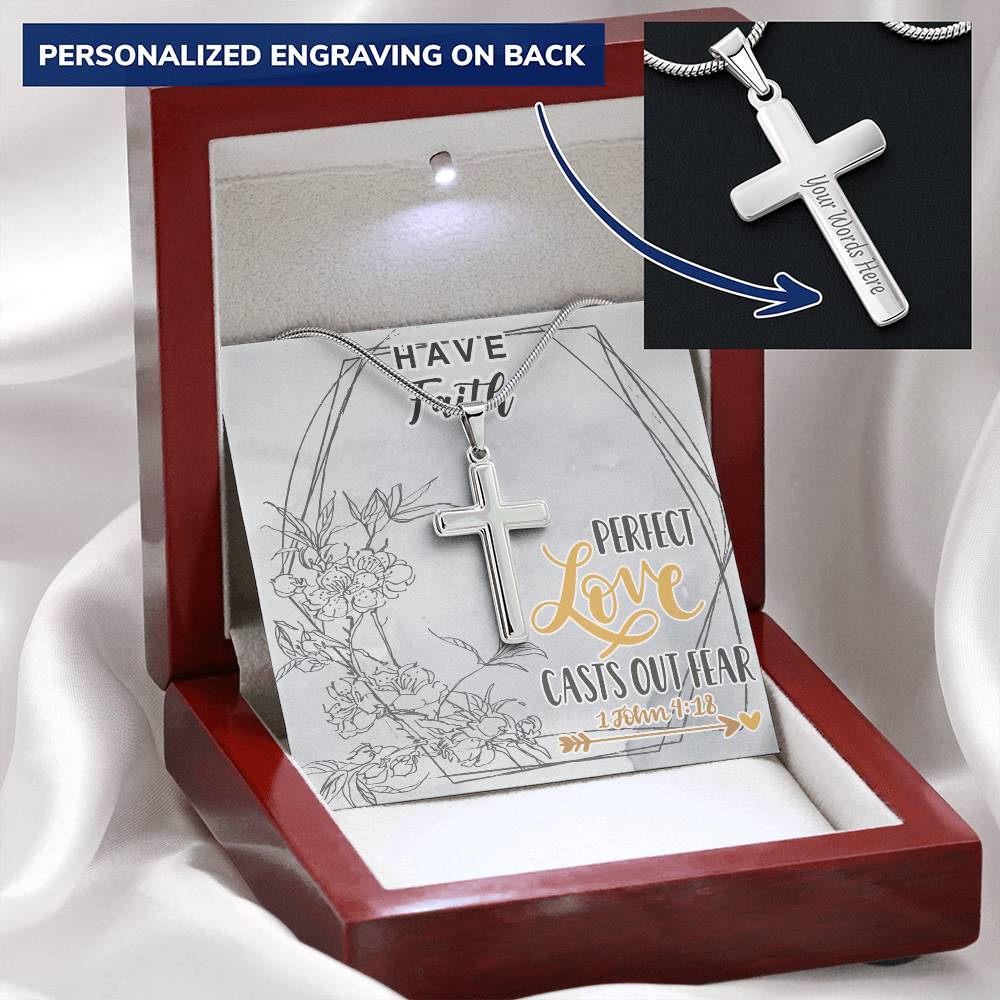 Dad To Son Gifts - Perfect Love Casts Out Fear Customize Engraved Cross Necklace