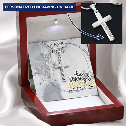 Dad To Son Gifts - Be Strong & Courageous Customize Engraved Cross Necklace