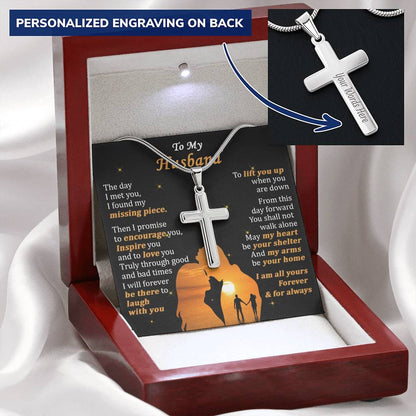For Husband - Shall Not Walk Alone - Cross Customize Engraved Cross Necklace