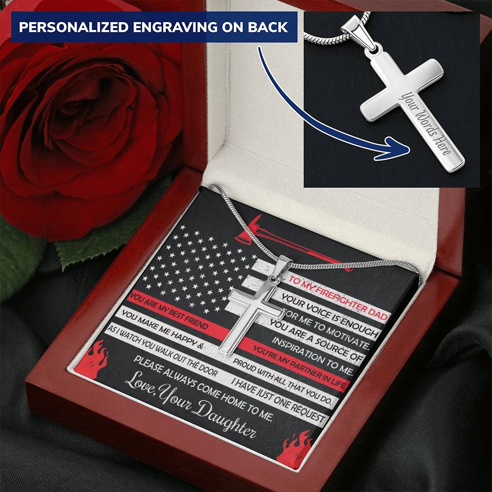 Firefighter Dad Gift- Father's Day Gift For Firefighter- Firefighter Dad Cross Necklace Customize Engraved Cross Necklace