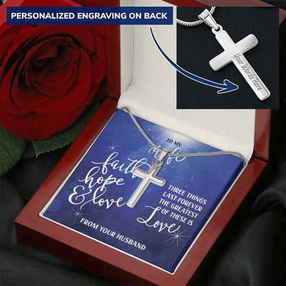 Customizable To My Wife Necklace- Faith Hope And Love Customize Engraved Cross Necklace