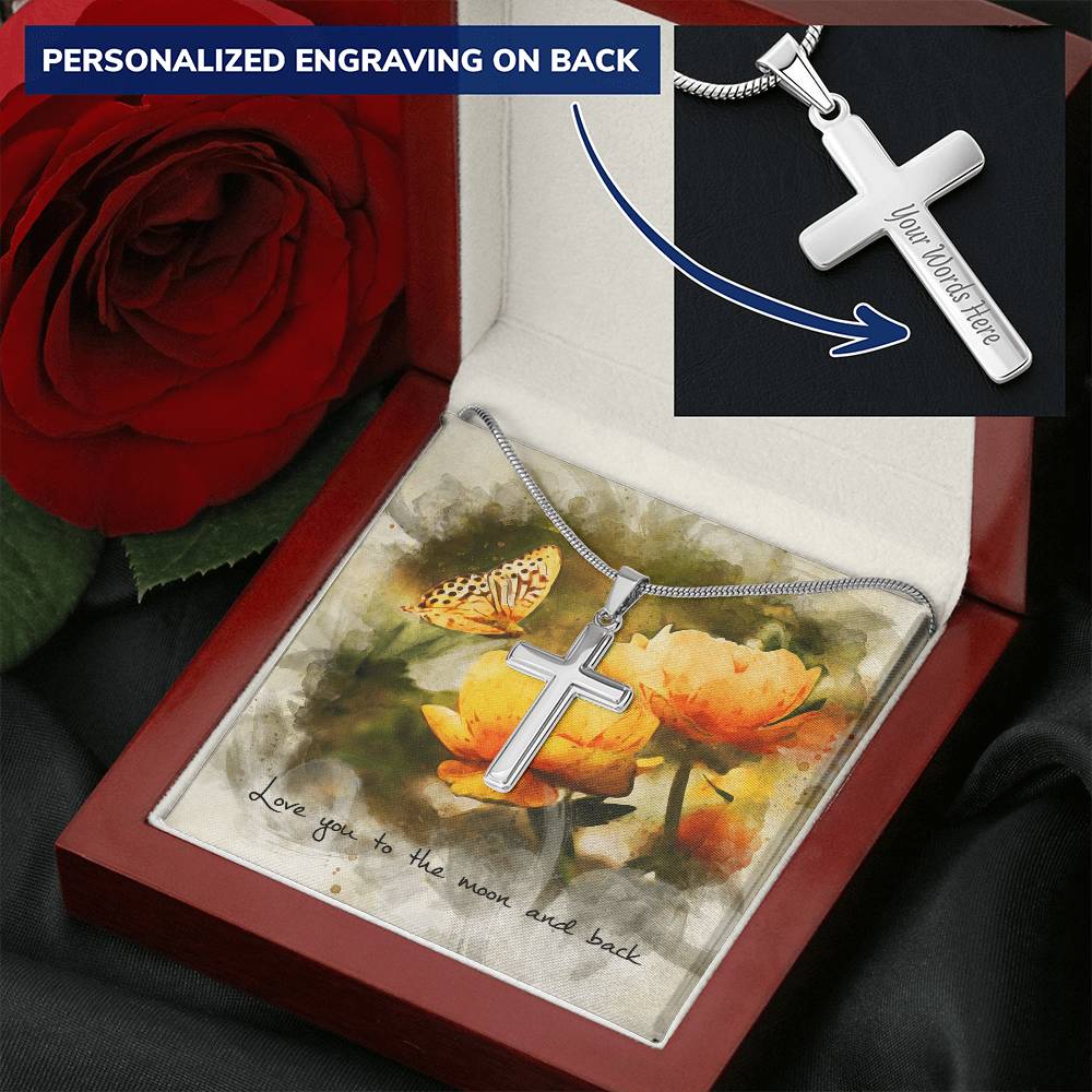 Cross Necklace - Engravable - Butterfly Message Card Customize Engraved Cross Necklace
